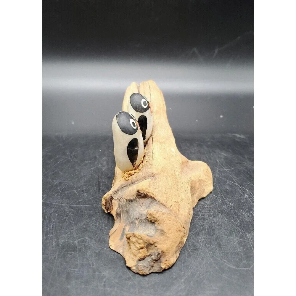 Handmade Whimsical Driftwood Folk Art Stone Penguin Bird Nautical Shorebird 7.5